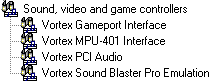 Screenshot of Vortex devices listed by W98:  gameport interface, MPU-401 interface, PCI audio, and Sound Blaster Pro emulation