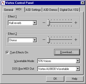 Vortex control
panel, MIDI tab.  Reverb and chorus effects.  Wavetable mode: 576 voices.
DOS box MIDI out: Vortex AU8830 wavetable