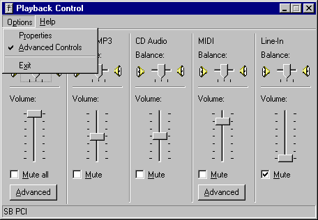 Screenshot of the SB PCI mixer app with
Options menu open showing Advanced Controls toggle.